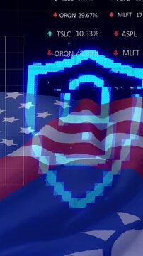 Animation of padlock, financial data processing over flags of taiwan and united states of america