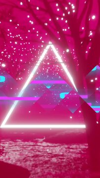 Animation of colourful distortion and white neon triangle over pink trees and lights