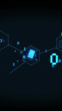 Animation of medical icons with binary coding on black background