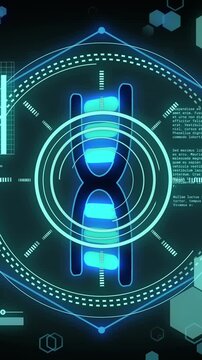 Animation of dna strand icon and data processing on black background