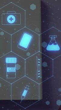 Animation of medical icons over notebook and ribbon