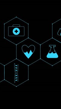 Animation of medical icons and shapes on black background