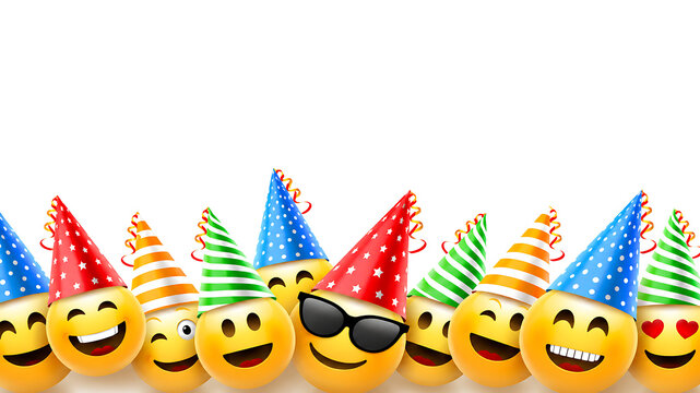 Group of Happy Yellow Emojis Wearing Colorful Party Hats on White Background