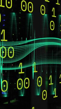 Binary code and digital wave animation over cityscape at night