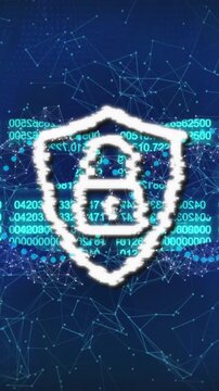 Shield with lock icon and binary code over digital network connections