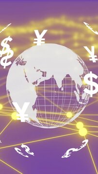 Global currency symbols rotating around Earth animation over network connections