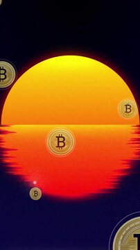 Bitcoin coins animation over sunset reflecting on water