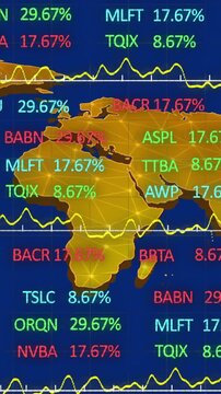 Stock market data and ticker symbols over world map animation