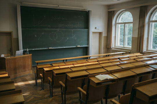 Empty university lecture hall with wooden desks, a large green chalkboard with mathematical formulas, and arched windows letting in daylight