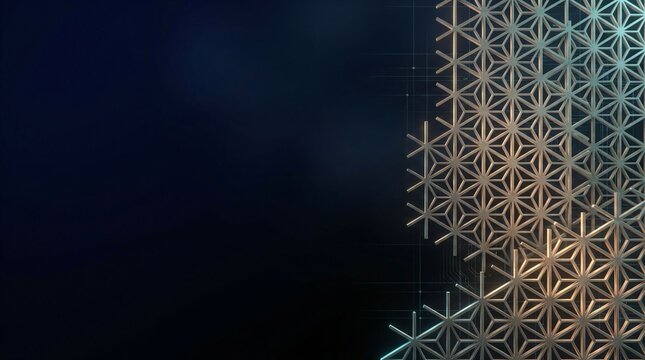 Futuristic technology background with metallic 3D Asanoha geometric network structure on deep blue