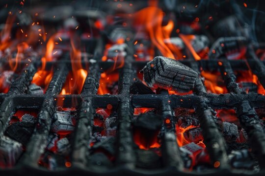 Burning charcoal briquettes on grill grates creating glowing embers and flames for outdoor cooking