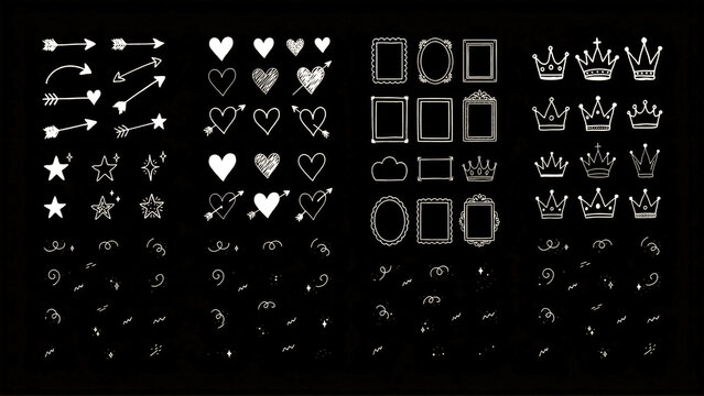 White sketchy line art set for bullet journals and scrapbooking on dark background, Cute hand drawn vector doodles of romantic hearts royal crowns and decorative borders in chalk style