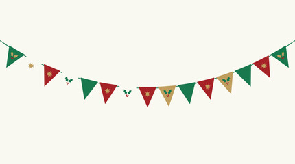 Obraz premium Festive Christmas bunting with green, red, and gold flags, decorated with holly and stars, on a light background.