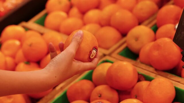 Hand Picking Fresh Oranges in a Grocery Store
