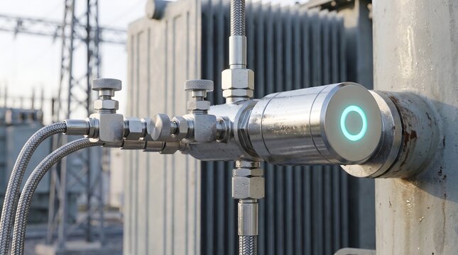 Stainless steel online dissolved gas analysis dga optical sensor unit mounted on oil sampling valve port of high voltage power transformer in electrical substation for predictive health monitoring