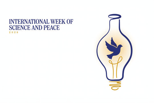 International week of science and peace 2026 featuring a blue dove silhouette inside a glowing light bulb on white background