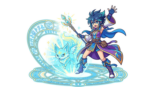 Anime mage with fox familiar and blue magic circle.