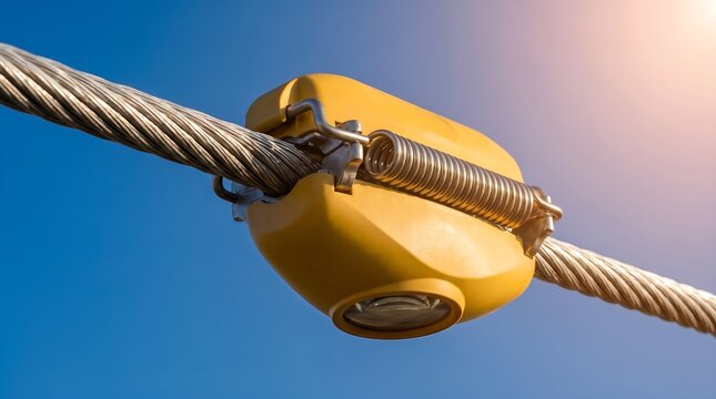 Wireless smart grid fault passage indicator sensor clamped onto overhead electrical power line conductor under blue sky