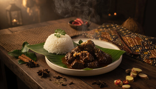 Traditional Indonesian beef rendang served with steamed white rice on a banana leaf.
