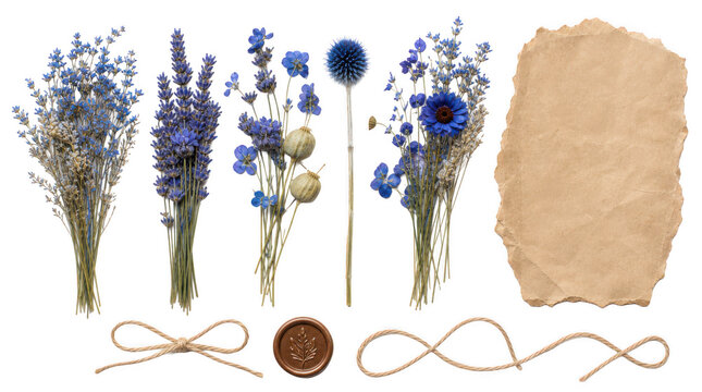 Set of dried blue flowers, kraft paper scrap, twine strings, and wax seal stamp for crafting, concept of DIY botanical art and scrapbooking isolated on transparent background.