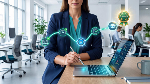 Online Learning Path and Professional Training Concept, businesswoman using laptop with holographic book, video, quiz and graduation icons for employee skill development and mastery