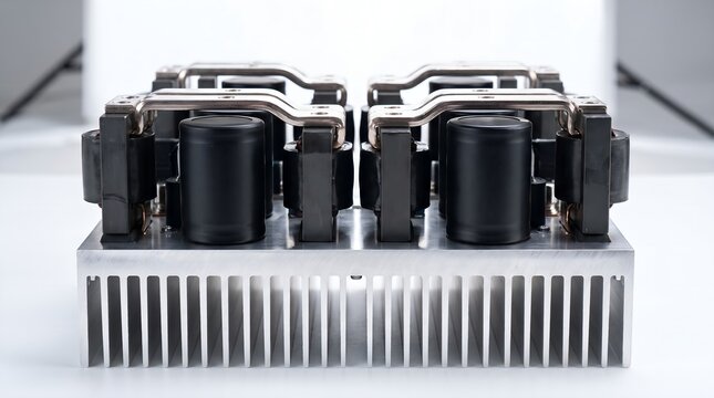 Close up of bidirectional vehicle to grid v2g power inverter conversion stack with aluminum heatsink in smart charging station