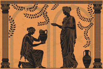 Fototapeta premium Drawing in ancient Greek style. Two ancient Greek women in tunics with jugs of wine and water stand and talk in an old temple between columns. Isolated female figure and meander ornament.