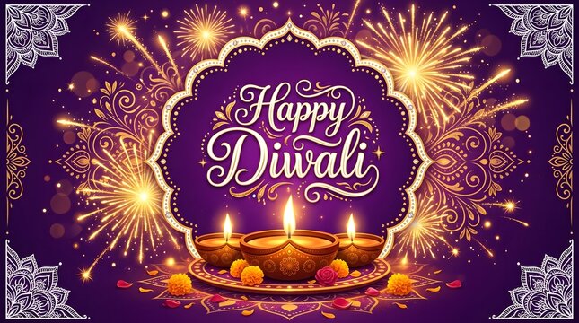 Happy diwali greeting card with glowing oil lamps, vibrant marigold flowers, and golden fireworks on a purple background