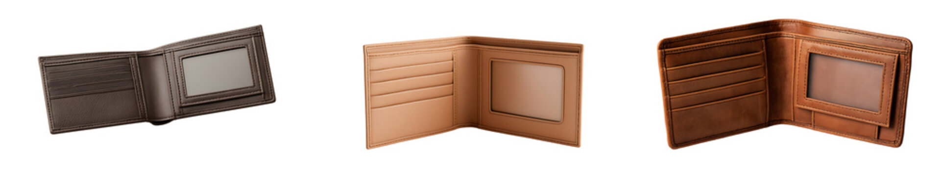 Three different leather wallets opened and laid out isolated on transparent background