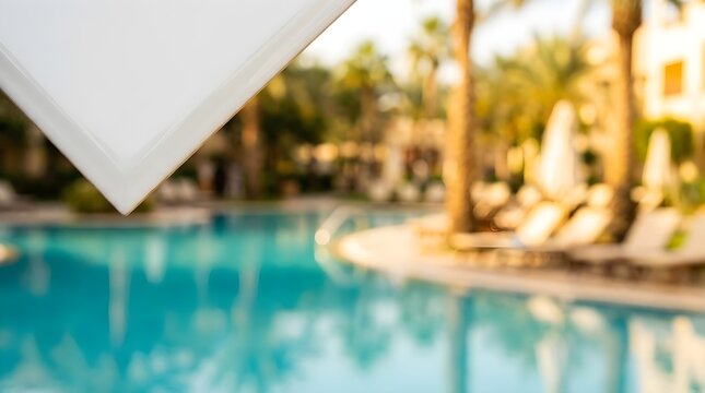 Tropical luxury resort swimming pool, blurred summer vacation background with palm trees, sunny hotel poolside relaxation area