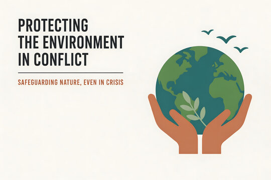 Protecting the environment in conflict banner with hands holding a globe and a leaf on a textured light beige background