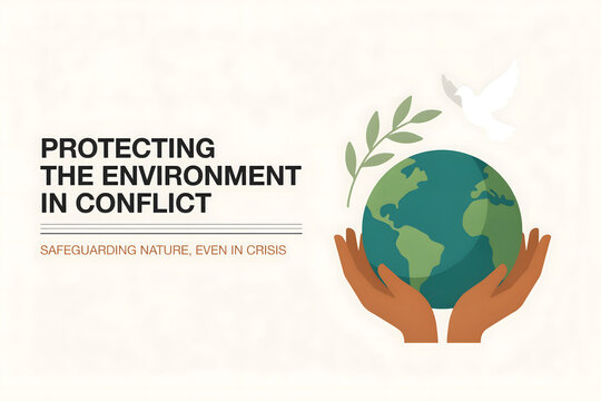 Protecting the environment in conflict poster with hands holding a globe and a dove on a textured light beige background
