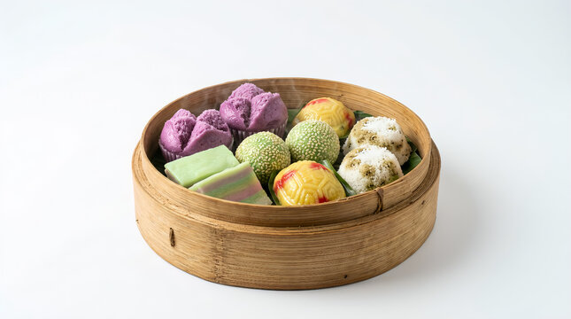 Assorted Indonesian jajanan pasar sweet cakes in a bamboo steamer isolated on white background