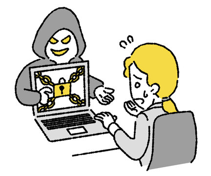 ランサムウェア（身代金要求型ウイルス）に感染したビジネスパーソン（女性）のイラスト