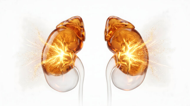 AI-generated photorealistic adrenal anatomy, amber resin, golden pulses, particles, white background, cinematic lighting, 8K