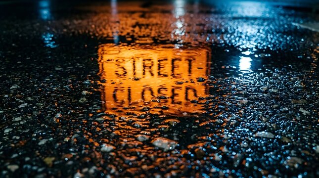 Street closed sign reflection in wet asphalt puddle, rainy night urban road construction, glowing orange warning light on dark pavement
