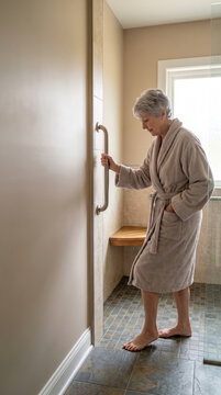 Senior woman entering walk in shower holding grab bar barefoot in bathrobe with natural light