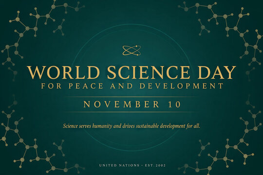 Science day for peace and development poster with golden text and molecular structure patterns on a dark green background, for november tenth
