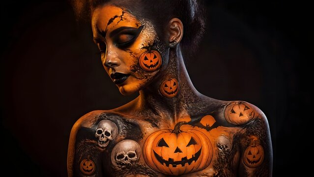 Halloween: donna ricoperta di immagini e simboli di Halloween