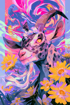Whimsical goat surrounded by vibrant yellow wildflowers and swirling colors
