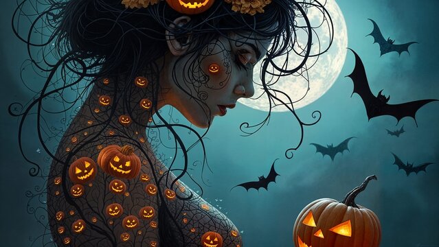 Halloween: donna ricoperta di immagini e simboli di Halloween