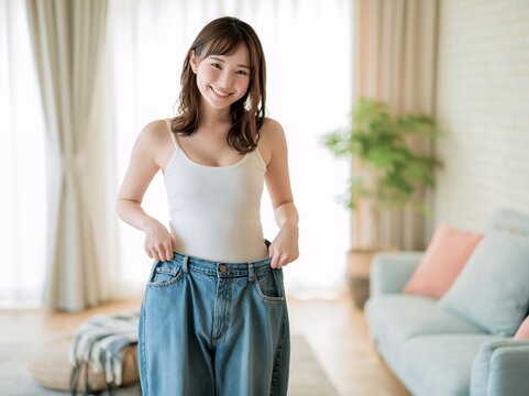 ダイエット成功し満面の笑みでぶかぶかデニム見せる女性