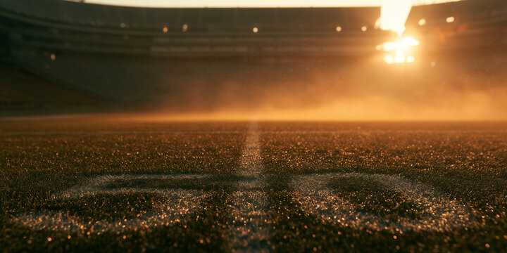 Close up of a football field at sunrise with stadium lights