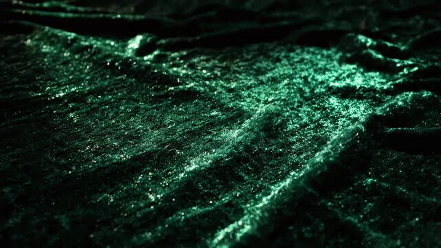 Dark emerald green velvet fabric with shimmering glitter sparkles, soft folds, luxury textile texture, perfect for holiday background