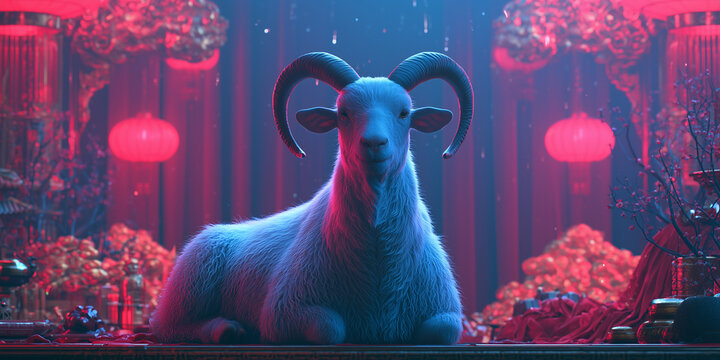 Serene goat resting in a festive Chinese New Year setting