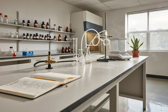 Scientific research laboratory setting with a white workbench, open notebook, chemical glassware, shelves with bottles, and a green potted plant