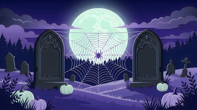 Spooky Halloween graveyard landscape, purple cemetery with full moon and spider web, eerie tombstone background for seasonal banners Halloween