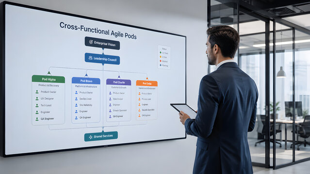 Businessman looking at screen displaying cross functional agile pods flowchart diagram for enterprise team structure, corporate management, and project organization.
