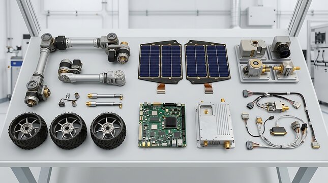 Disassembled robotic components including solar panels electronic circuits and mechanical wheels arranged neatly on white table