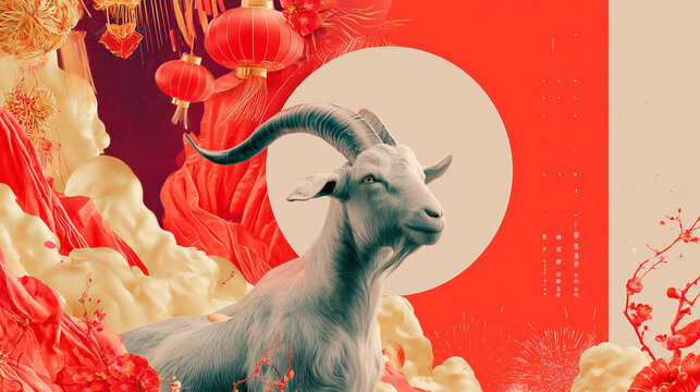 Majestic white goat in front of a large white circle and red lanterns